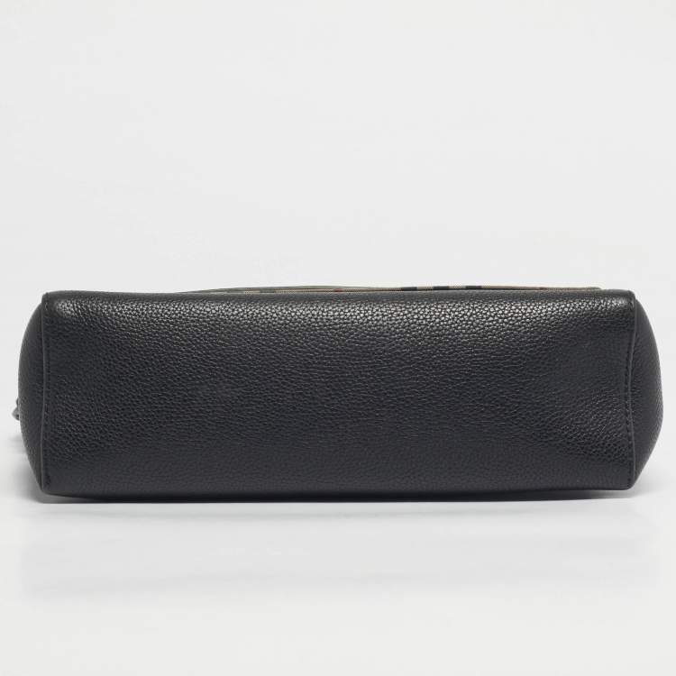Pre Owned Burberry Black/Beige  House Check Fabric and Leather Note Shoulder Bag