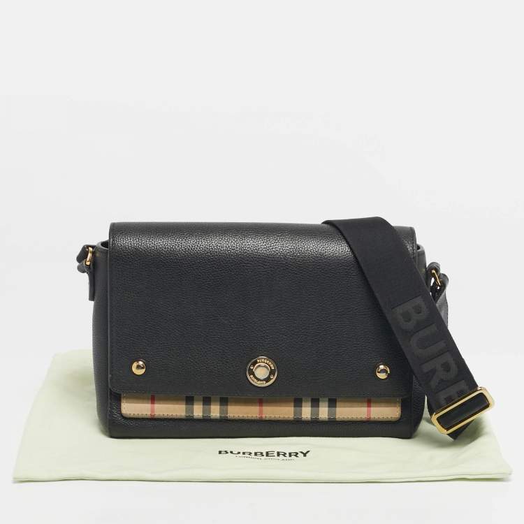 Pre Owned Burberry Black/Beige  House Check Fabric and Leather Note Shoulder Bag