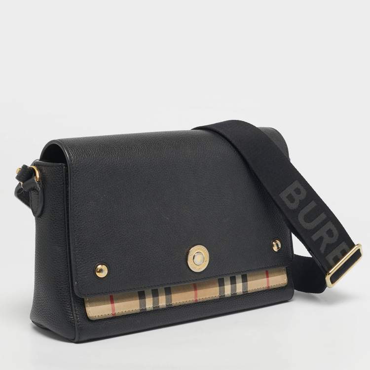 Pre Owned Burberry Black/Beige  House Check Fabric and Leather Note Shoulder Bag