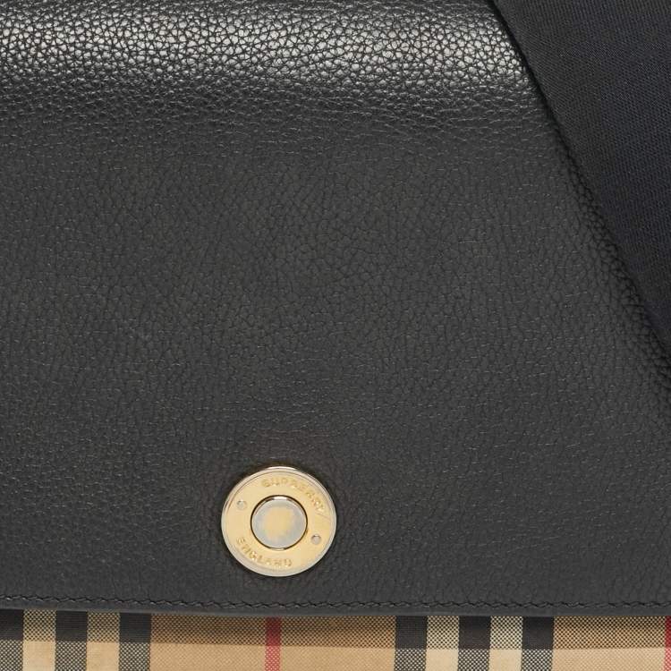 Pre Owned Burberry Black/Beige  House Check Fabric and Leather Note Shoulder Bag