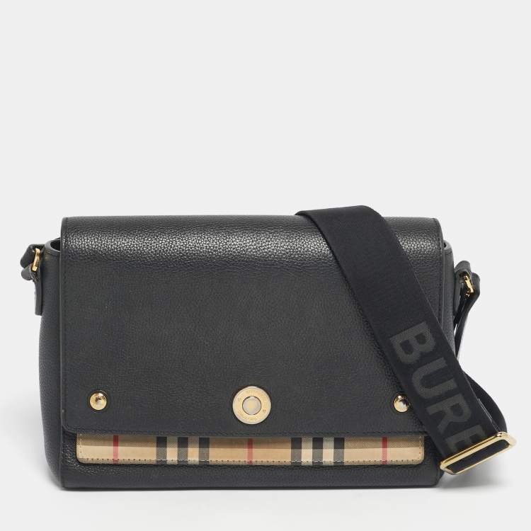 Pre Owned Burberry Black/Beige  House Check Fabric and Leather Note Shoulder Bag
