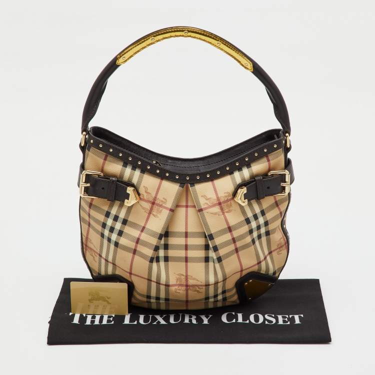 Pre Owned Burberry Brown/Beige Haymarket PVC and Leather Studded Hartley Hobo