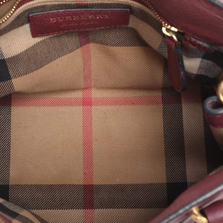 Pre Owned Burberry Burgundy Grainy Leather Small Buckle Tote