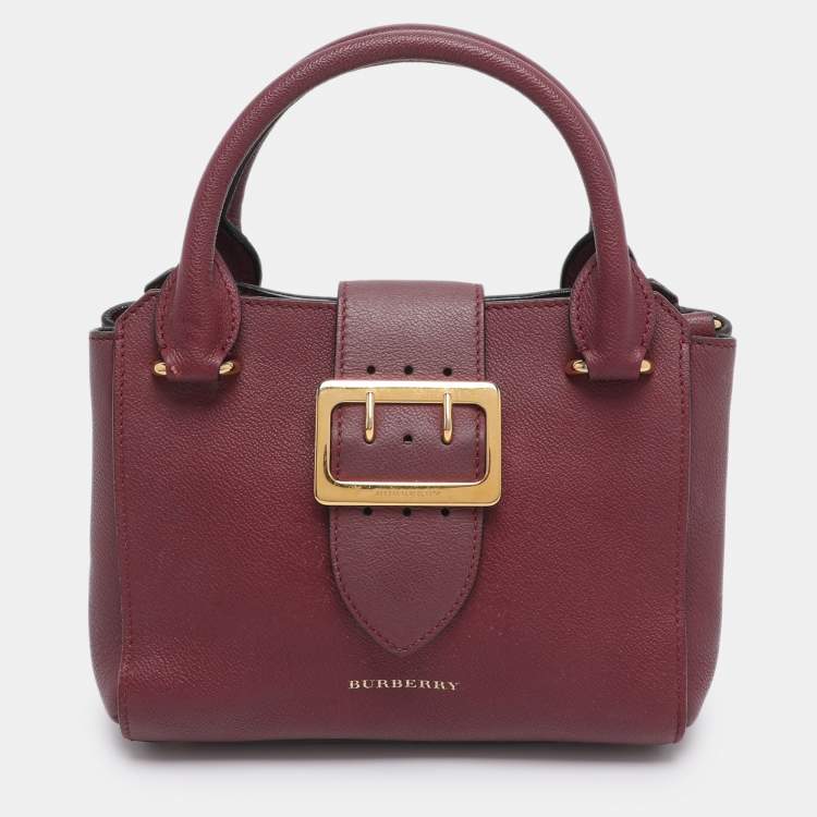 Pre Owned Burberry Burgundy Grainy Leather Small Buckle Tote