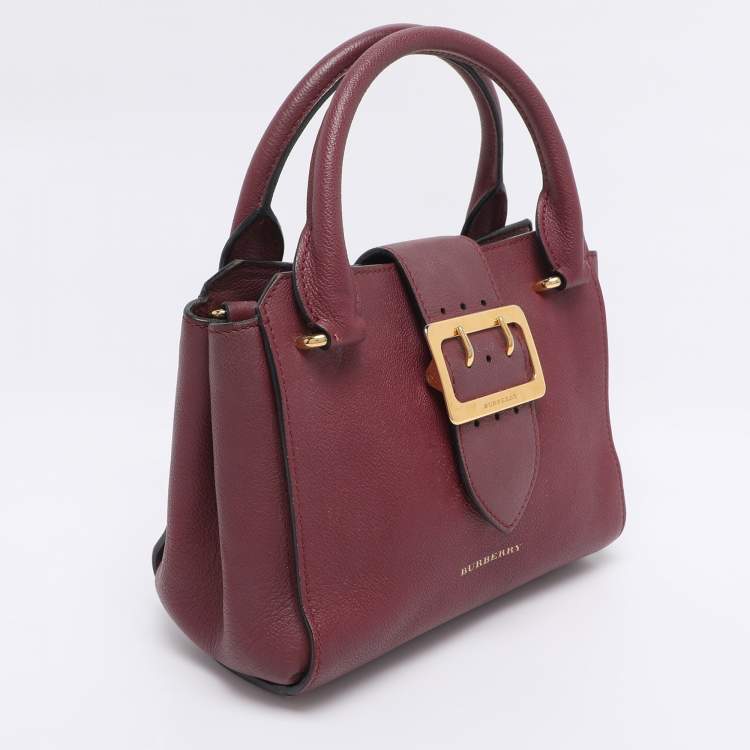 Pre Owned Burberry Burgundy Grainy Leather Small Buckle Tote
