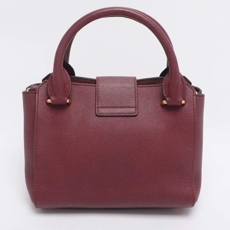 Pre Owned Burberry Burgundy Grainy Leather Small Buckle Tote