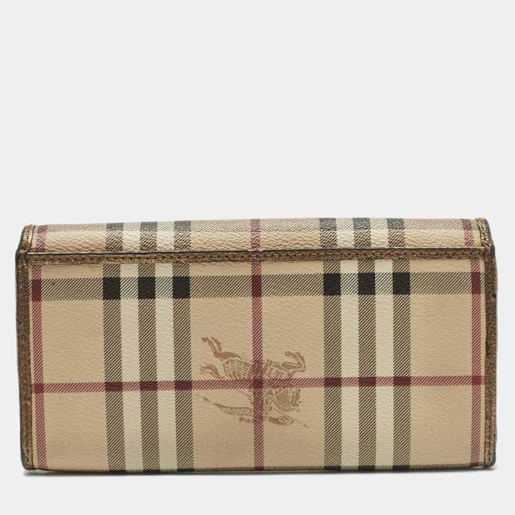 Pre Owned Burberry Beige/Bronze Coated Canvas Flap Continental Wallet