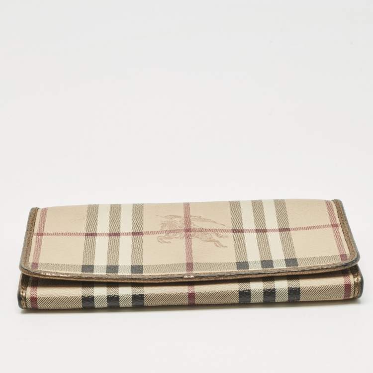 Pre Owned Burberry Beige/Bronze Coated Canvas Flap Continental Wallet