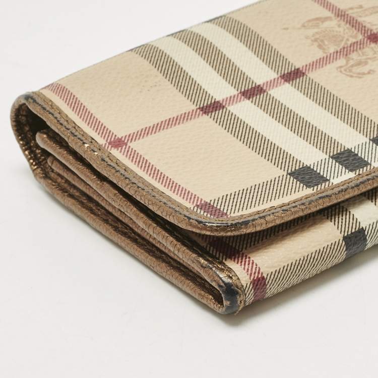 Pre Owned Burberry Beige/Bronze Coated Canvas Flap Continental Wallet