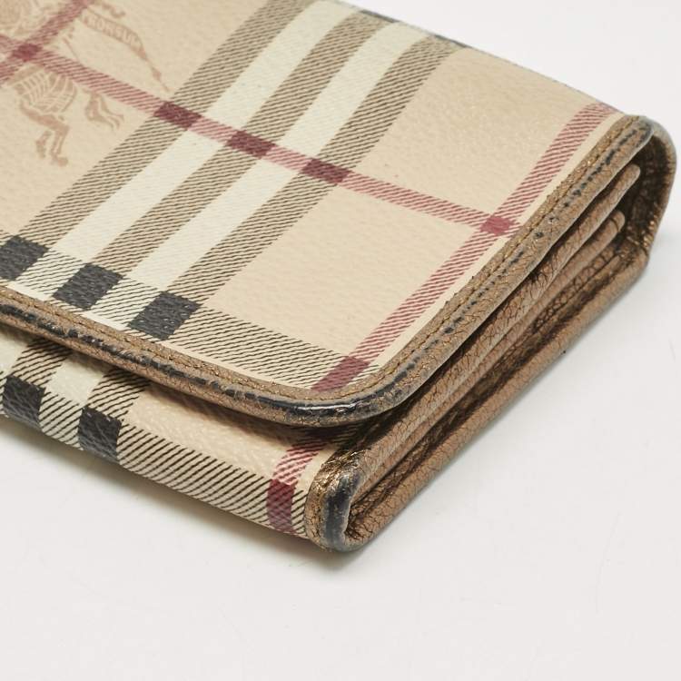 Pre Owned Burberry Beige/Bronze Coated Canvas Flap Continental Wallet