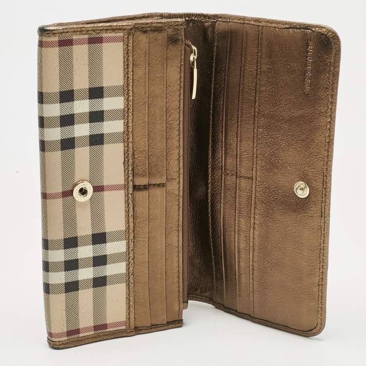 Pre Owned Burberry Beige/Bronze Coated Canvas Flap Continental Wallet