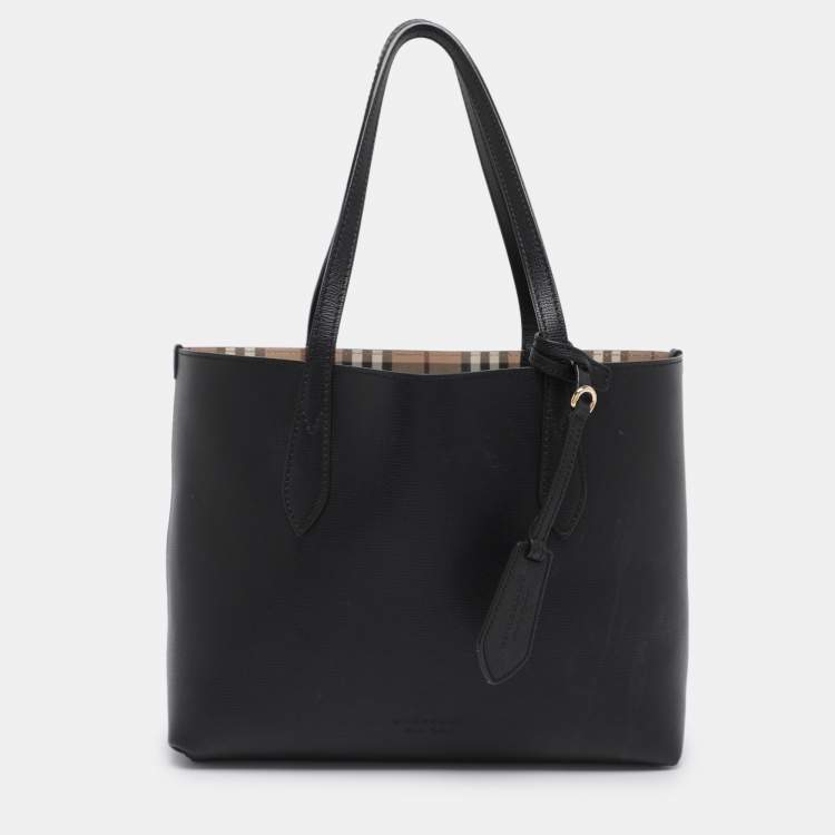 Pre Owned Burberry Beige/Black Haymarket Check PVC and Leather Lavenby Reversible Tote