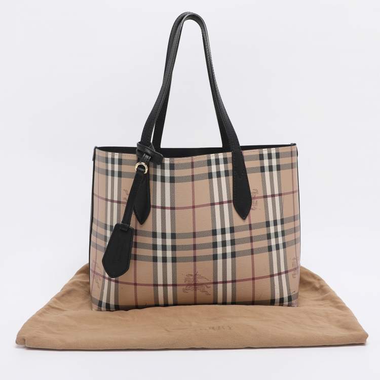 Pre Owned Burberry Beige/Black Haymarket Check PVC and Leather Lavenby Reversible Tote