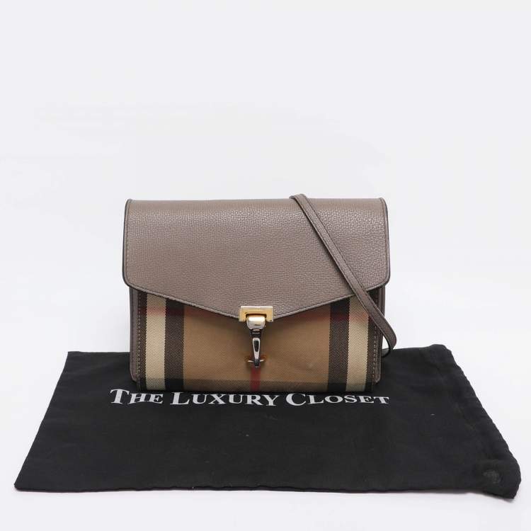 Pre Owned Burberry Taupe House Check Canvas and Leather Small Macken Crossbody Bag