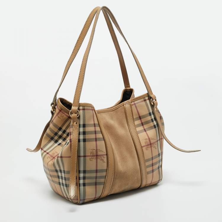 Pre Owned Burberry Beige Haymarket Coated Canvas and Suede Canterbury Tote