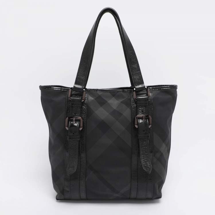 Pre Owned Burberry Black Nova Check Nylon And Patent Leather Small Lowry Tote