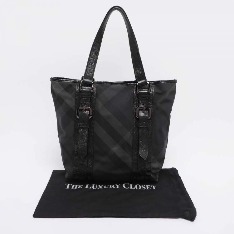 Pre Owned Burberry Black Nova Check Nylon And Patent Leather Small Lowry Tote