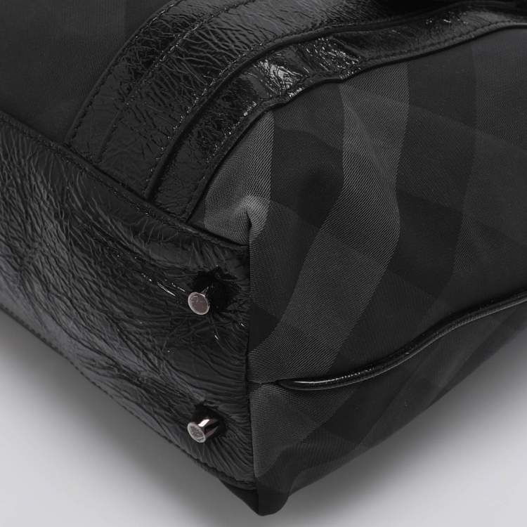 Pre Owned Burberry Black Nova Check Nylon And Patent Leather Small Lowry Tote