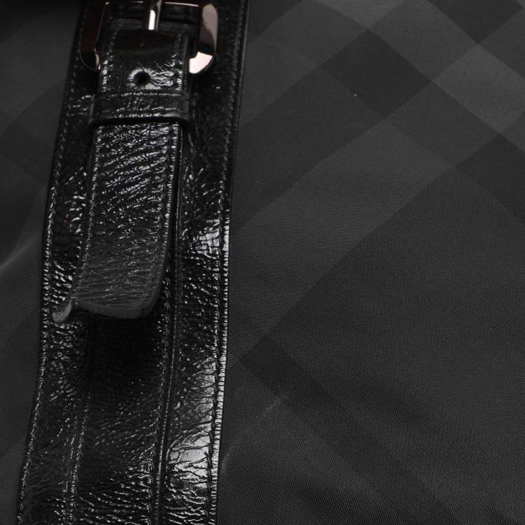 Pre Owned Burberry Black Nova Check Nylon And Patent Leather Small Lowry Tote