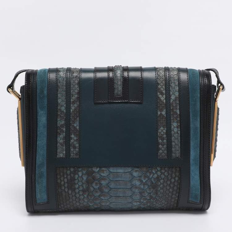 Pre Owned Burberry Blue/Black Leather and Python Crossbody Bag