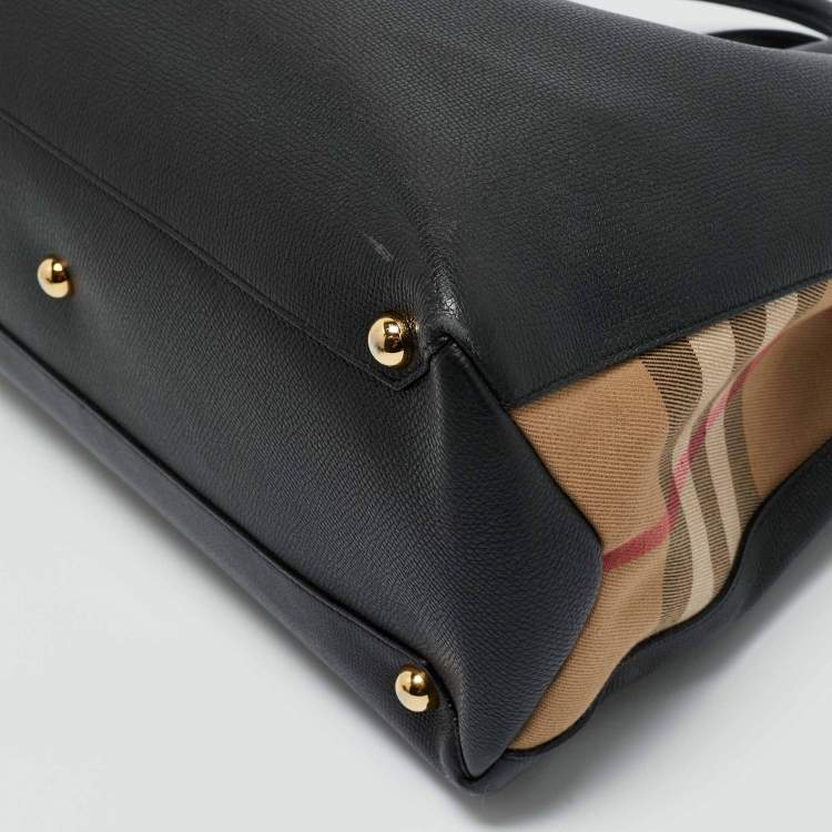 Pre Owned Burberry Black Leather and House Check Fabric Large Banner Tote