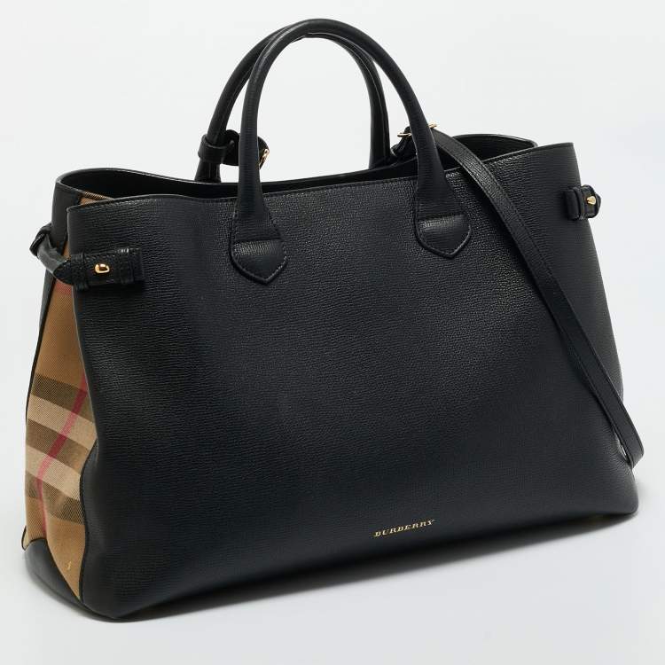 Pre Owned Burberry Black Leather and House Check Fabric Large Banner Tote