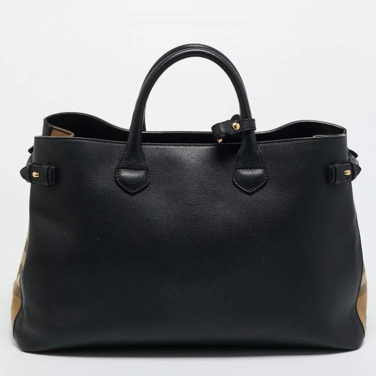 Pre Owned Burberry Black Leather and House Check Fabric Large Banner Tote