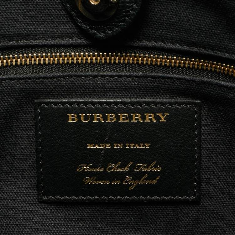 Pre Owned Burberry Black Leather and House Check Fabric Large Banner Tote