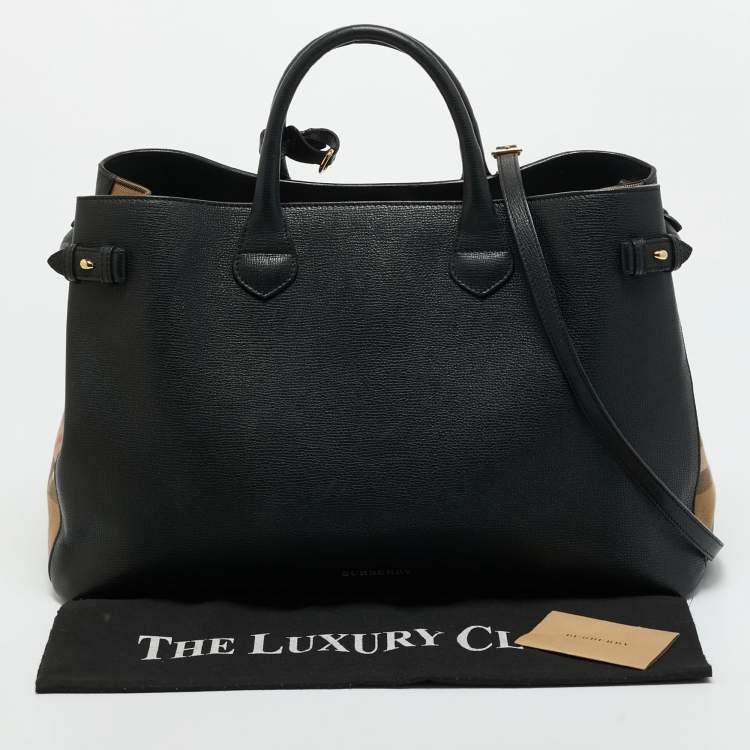 Pre Owned Burberry Black Leather and House Check Fabric Large Banner Tote