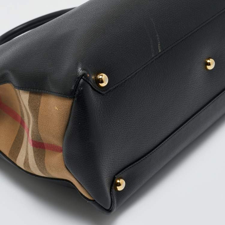 Pre Owned Burberry Black Leather and House Check Fabric Large Banner Tote