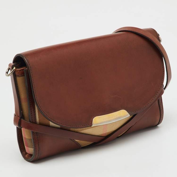 Pre Owned Burberry Brown/Beige Leather and Nova Check Canvas Abbott Crossbody Bag