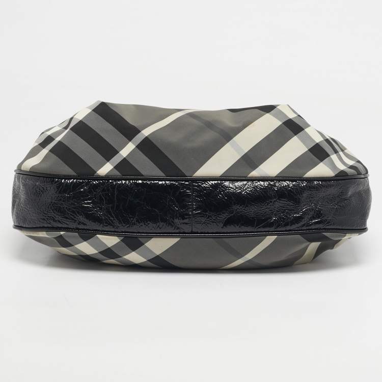 Pre Owned Burberry Black Smoked Check Nylon and Patent Leather Hobo