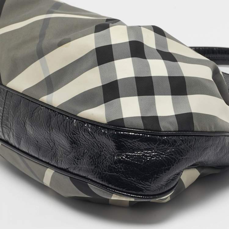 Pre Owned Burberry Black Smoked Check Nylon and Patent Leather Hobo