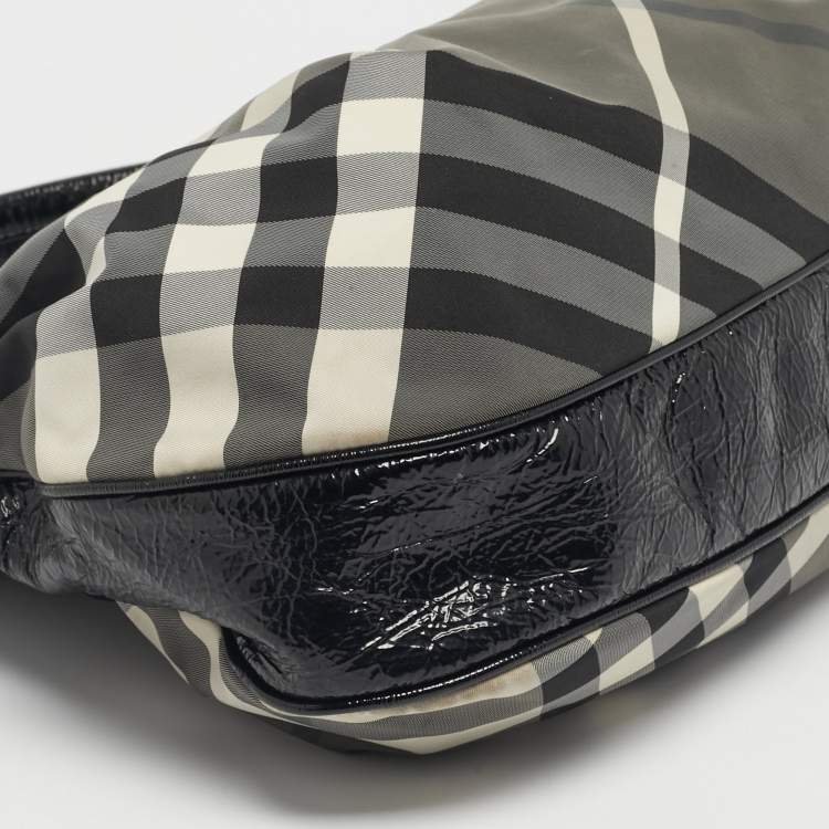 Pre Owned Burberry Black Smoked Check Nylon and Patent Leather Hobo