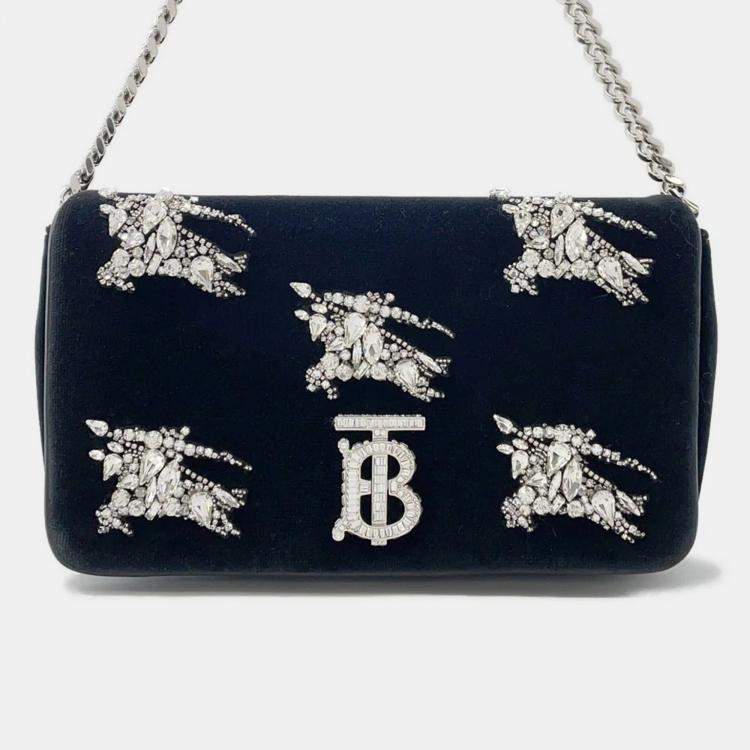 Pre Owned Burberry Lola Bag TB Logo Crystal Bag Black Velvet Rhinestone