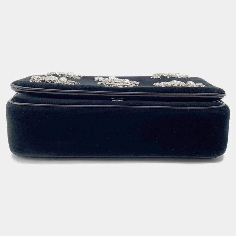 Pre Owned Burberry Lola Bag TB Logo Crystal Bag Black Velvet Rhinestone