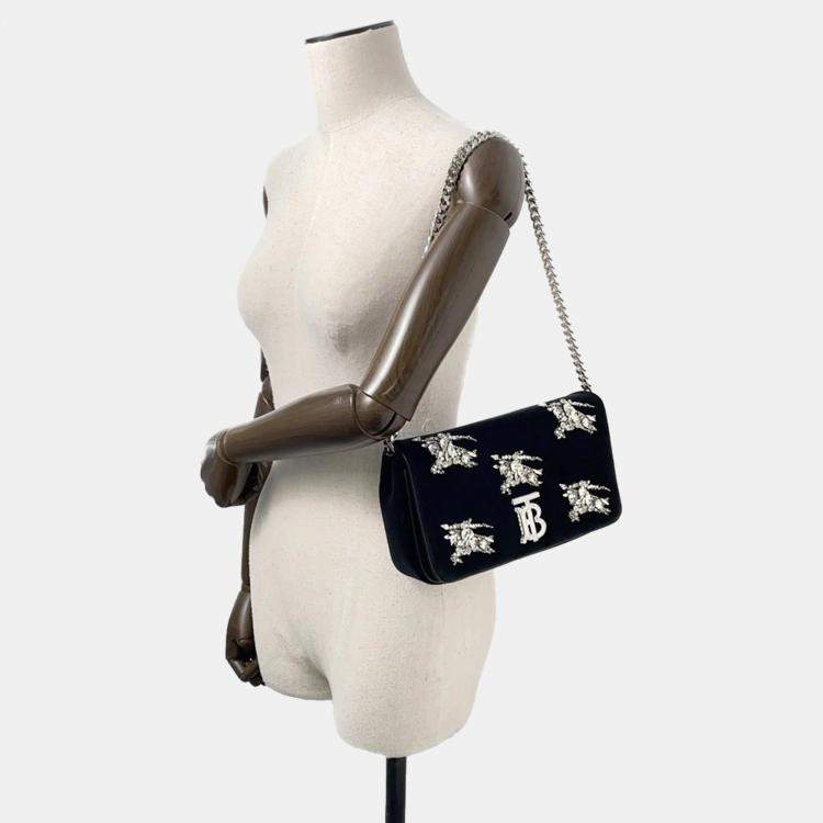 Pre Owned Burberry Lola Bag TB Logo Crystal Bag Black Velvet Rhinestone