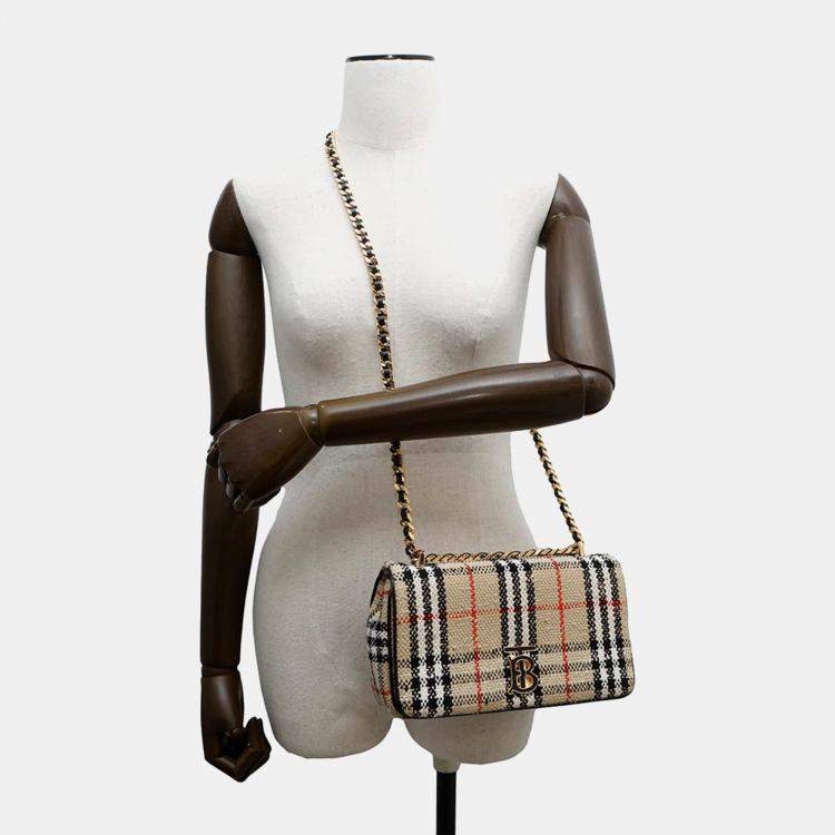 Pre Owned Burberry Lola Vintage Check Beige Canvas Small Shoulder Bag