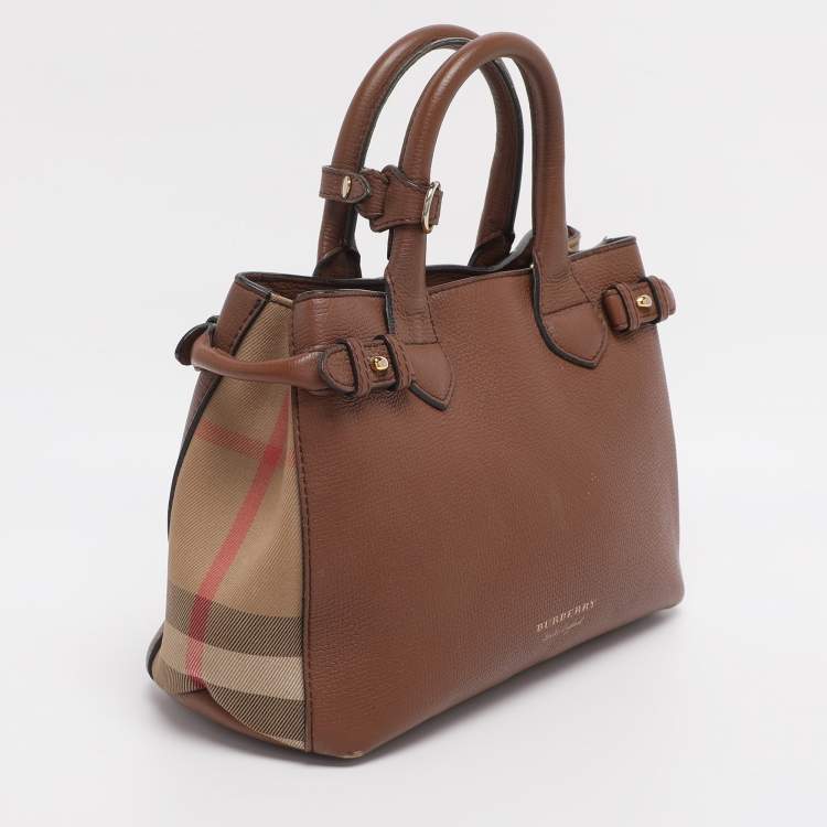 Pre Owned Burberry Brown/Beige House Check Fabric and Leather Small Banner Tote