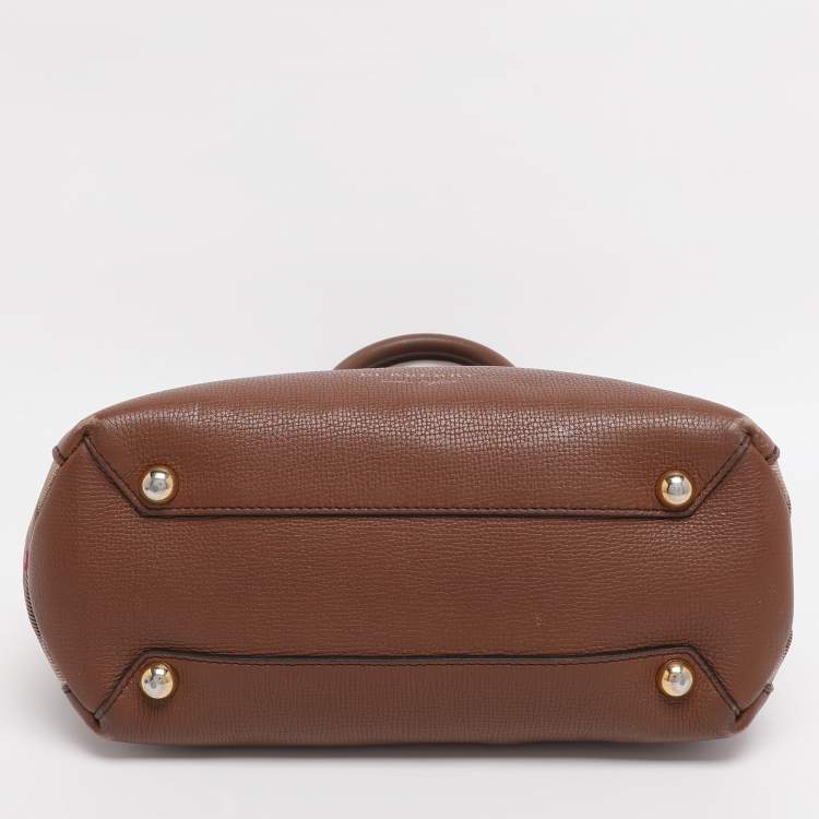 Pre Owned Burberry Brown/Beige House Check Fabric and Leather Small Banner Tote
