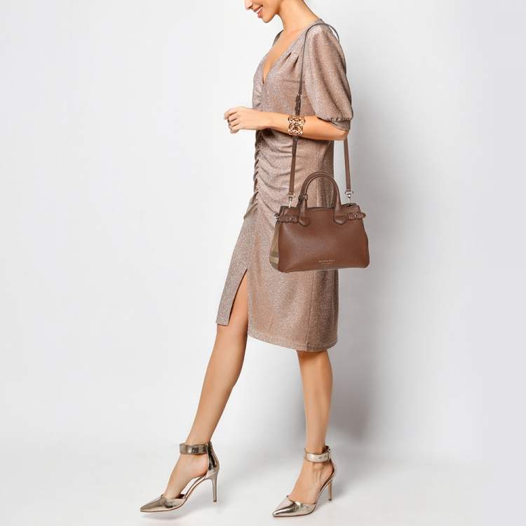Pre Owned Burberry Brown/Beige House Check Fabric and Leather Small Banner Tote