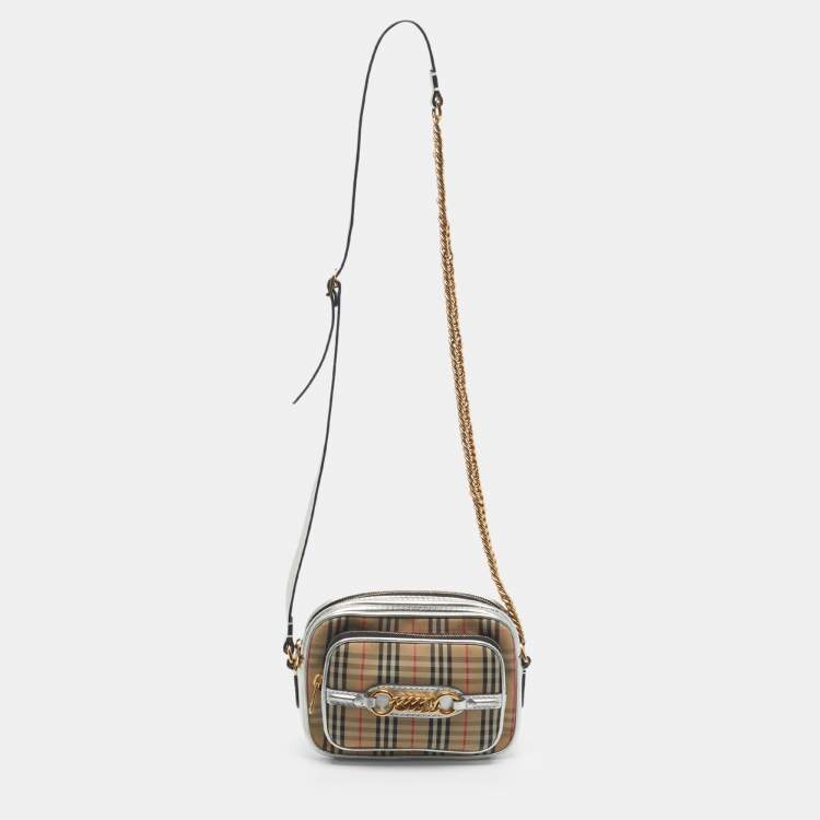 Pre Owned Burberry Silver/Beige 1983 Knight Check Fabric Chain Link Camera Bag