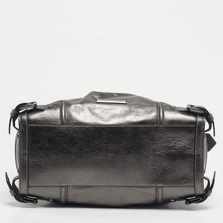 Pre Owned Burberry Metallic Grey Leather Pilgrim Tote