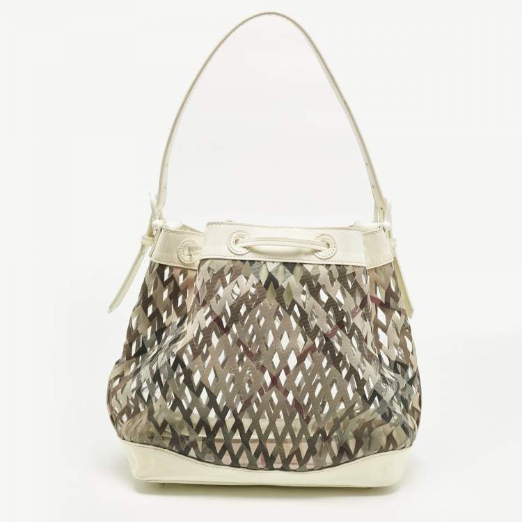 Pre Owned Burberry White/Beige Nova Check Laser Cut PVC and Patent Leather Drawstring Hobo