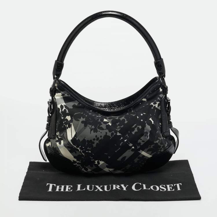 Pre Owned Burberry Black Floral Beatcheck Nylon and Patent Leather Small Foley Hobo