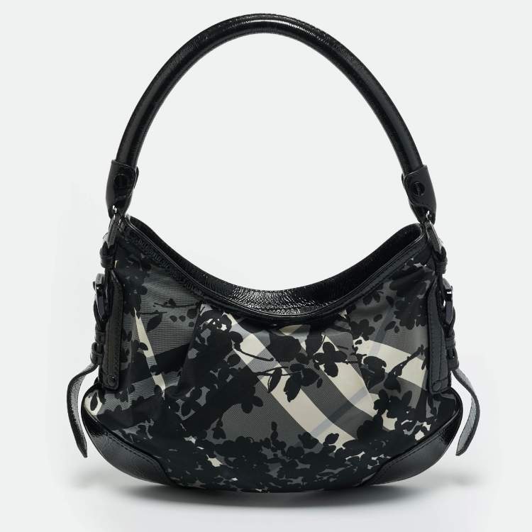 Pre Owned Burberry Black Floral Beatcheck Nylon and Patent Leather Small Foley Hobo