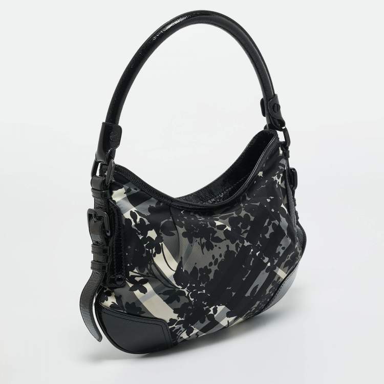 Pre Owned Burberry Black Floral Beatcheck Nylon and Patent Leather Small Foley Hobo