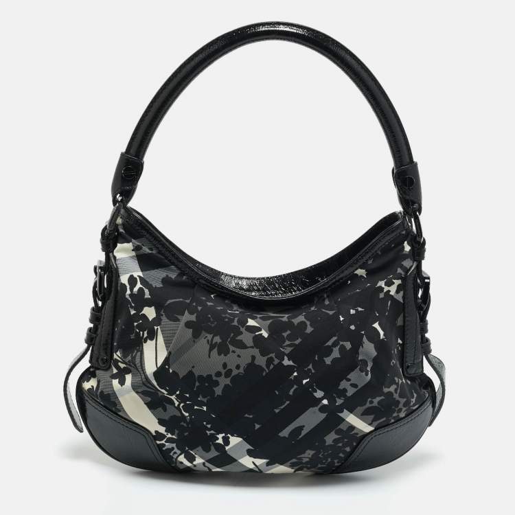 Pre Owned Burberry Black Floral Beatcheck Nylon and Patent Leather Small Foley Hobo