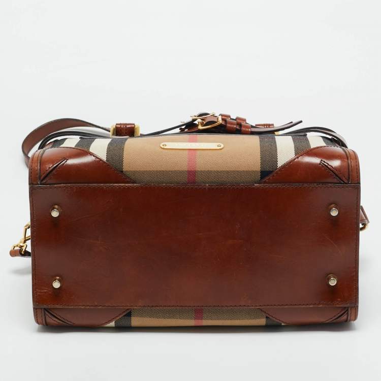 Pre Owned Burberry Beige/Brown House Check Canvas and Leather Bridle Chester Bowler Bag