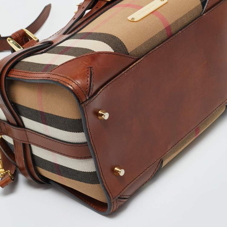 Pre Owned Burberry Beige/Brown House Check Canvas and Leather Bridle Chester Bowler Bag